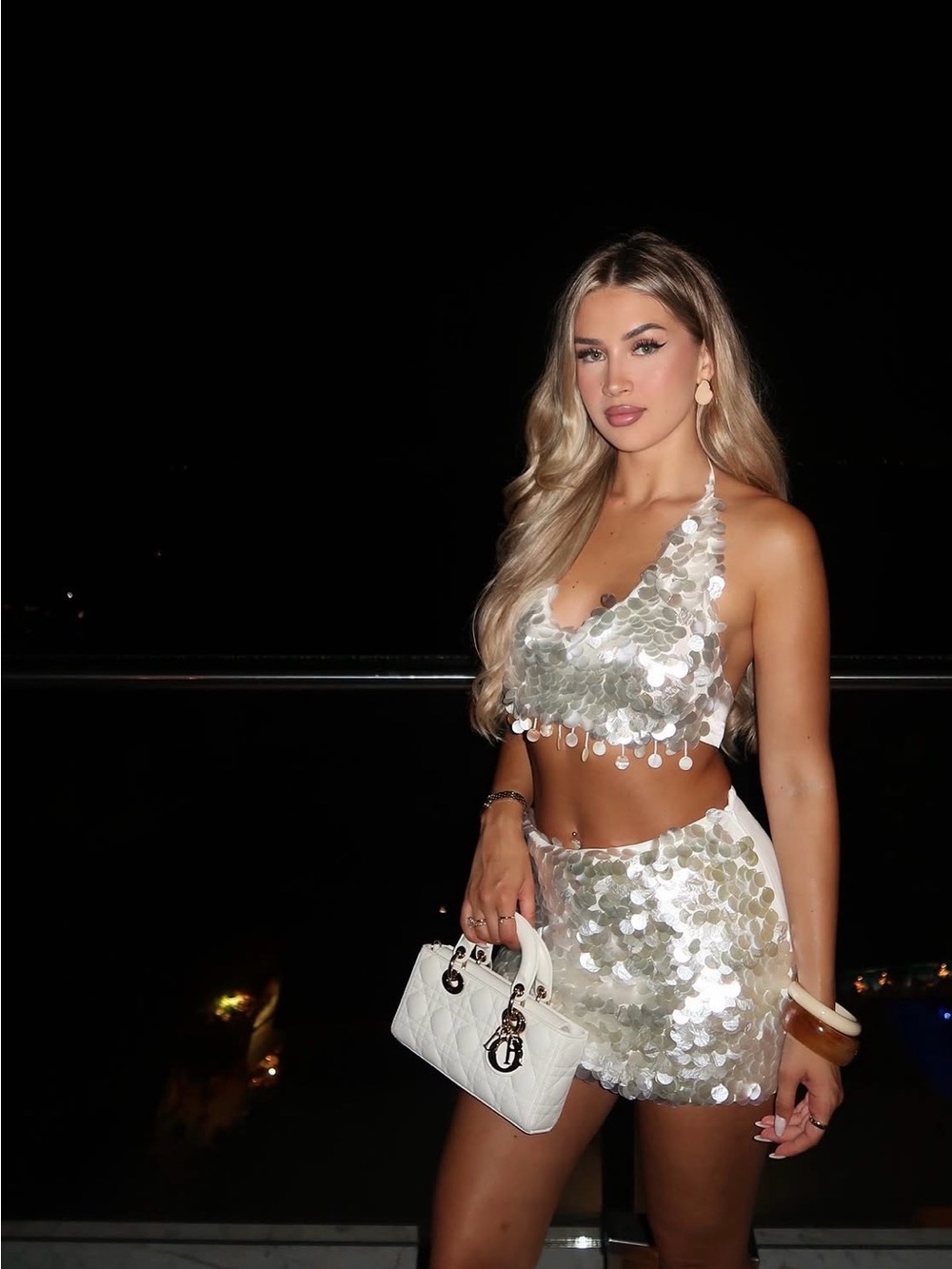 Hello Molly Silver Sequin Halter Crop Top & Mini Skirt Set